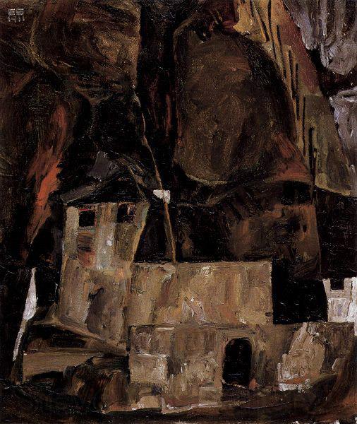Egon Schiele Mauer und Haus vor hugligem Gelande mit Zaun Spain oil painting art